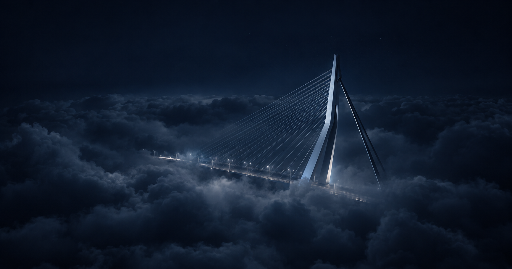 A cable-stayed bridge rising above a sea of dark clouds at night